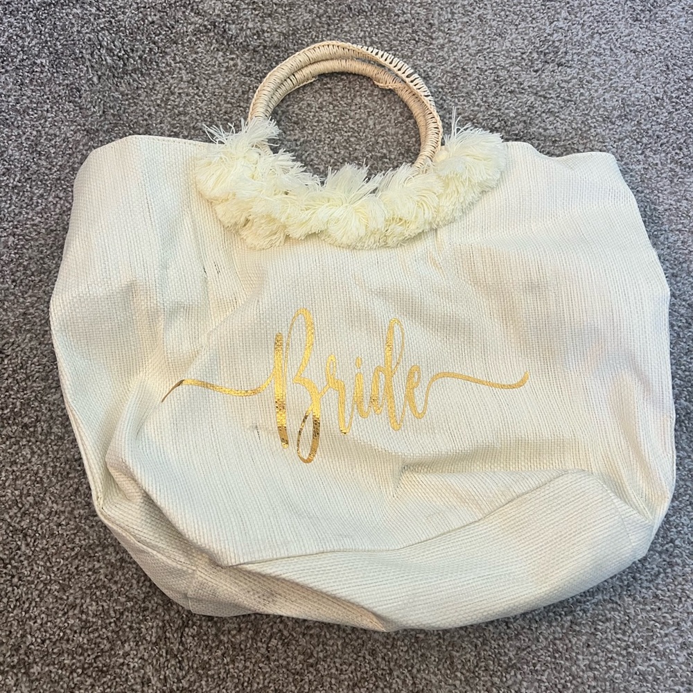 Elegant Cream Bride Straw Tote Bag